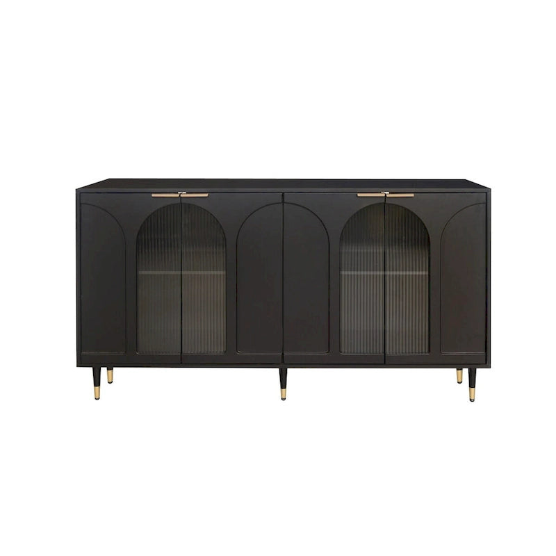 Meuble d'appoint noir trois portes vitrées cannelées à arches étagères réglables pieds en métal