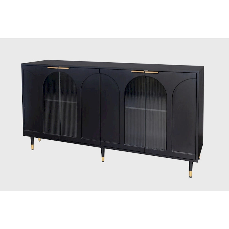 Meuble d'appoint noir trois portes vitrées cannelées à arches étagères réglables pieds en métal