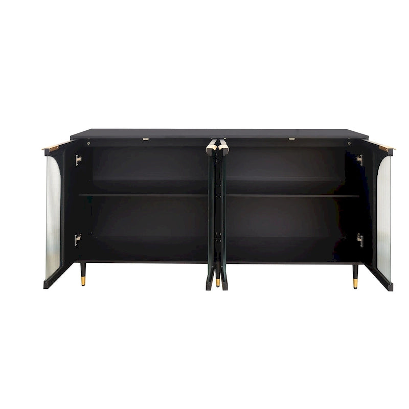 Meuble d'appoint noir trois portes vitrées cannelées à arches étagères réglables pieds en métal