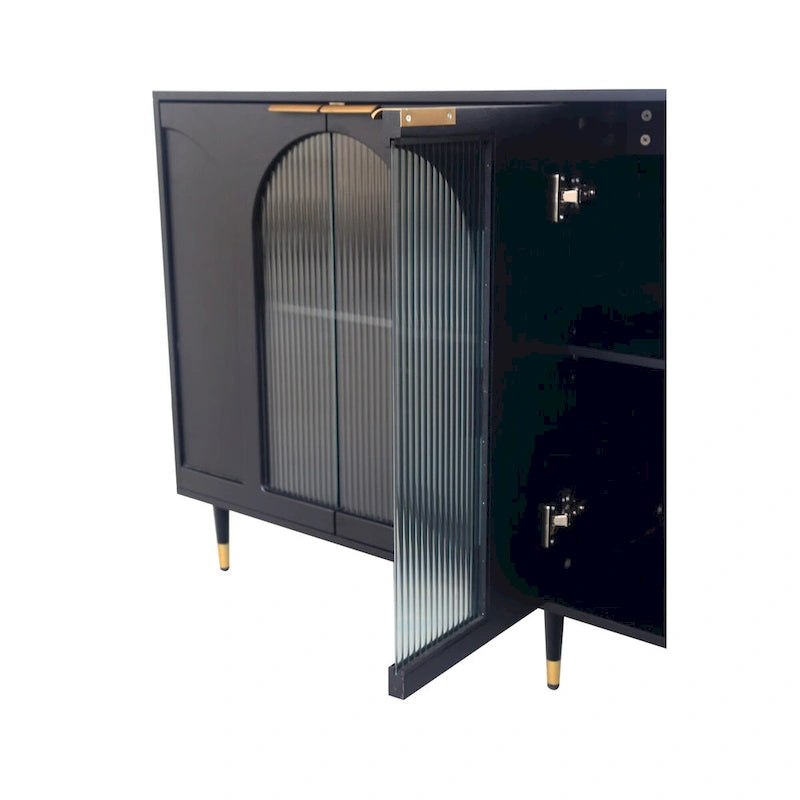 Meuble d'appoint noir trois portes vitrées cannelées à arches étagères réglables pieds en métal