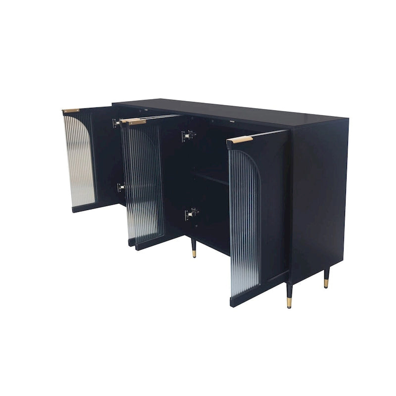 Meuble d'appoint noir trois portes vitrées cannelées à arches étagères réglables pieds en métal