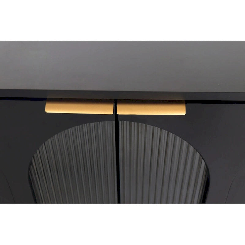 Meuble d'appoint noir trois portes vitrées cannelées à arches étagères réglables pieds en métal