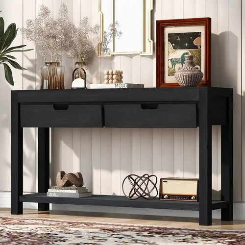Console en placage de bois d'acacia avec 2 tiroirs et étagère inférieure, Bleu marine