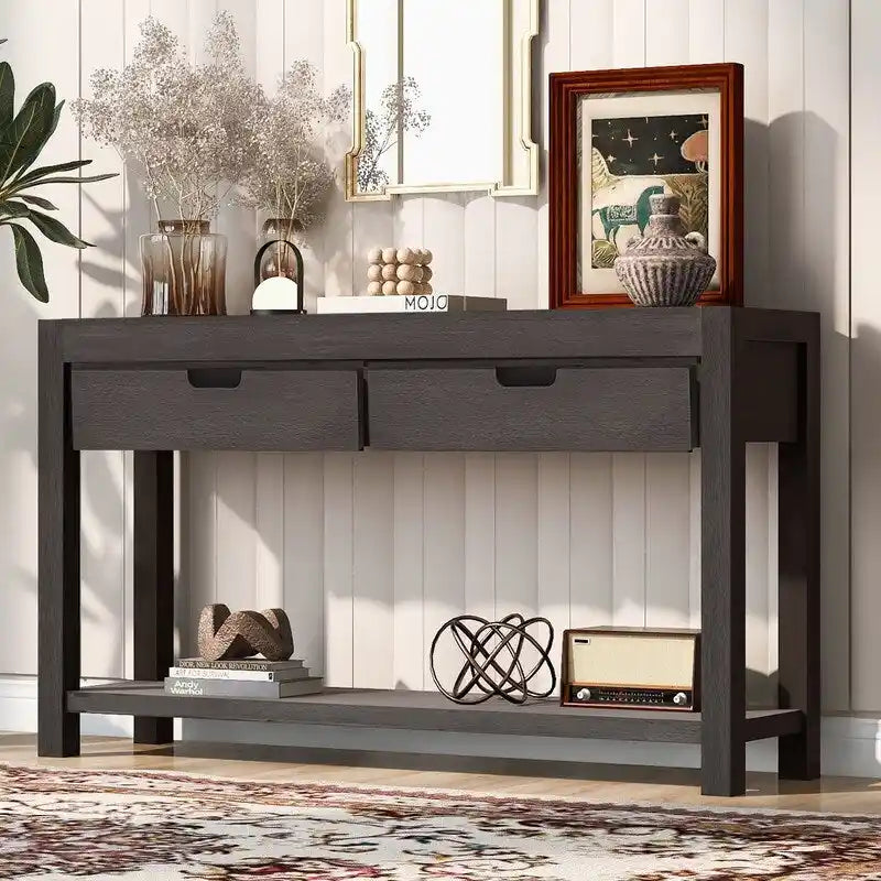 Console en placage de bois d'acacia avec 2 tiroirs et étagère inférieure, Bleu marine