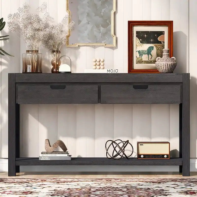 Console en placage de bois d'acacia avec 2 tiroirs et étagère inférieure, Bleu marine