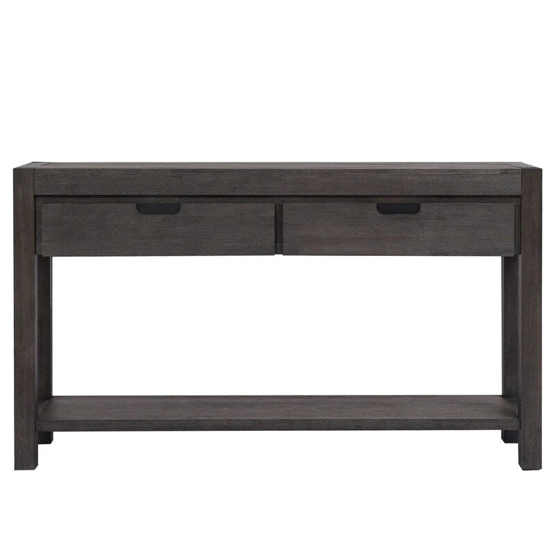 Console en placage de bois d'acacia avec 2 tiroirs et étagère inférieure, Bleu marine