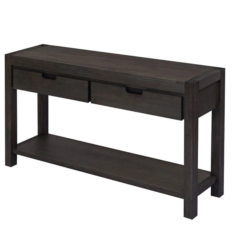 Console en placage de bois d'acacia avec 2 tiroirs et étagère inférieure, Bleu marine
