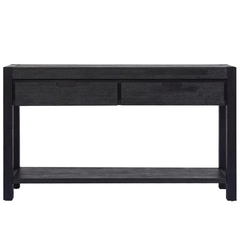 Console en placage de bois d'acacia avec 2 tiroirs et étagère inférieure, Bleu marine