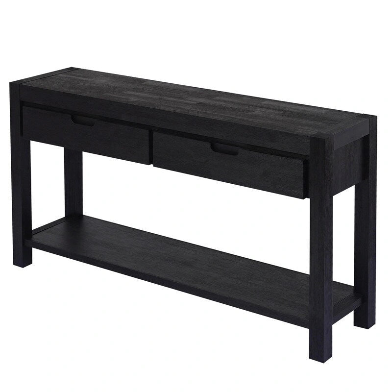 Console en placage de bois d'acacia avec 2 tiroirs et étagère inférieure, Bleu marine