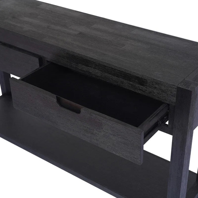 Console en placage de bois d'acacia avec 2 tiroirs et étagère inférieure, Bleu marine