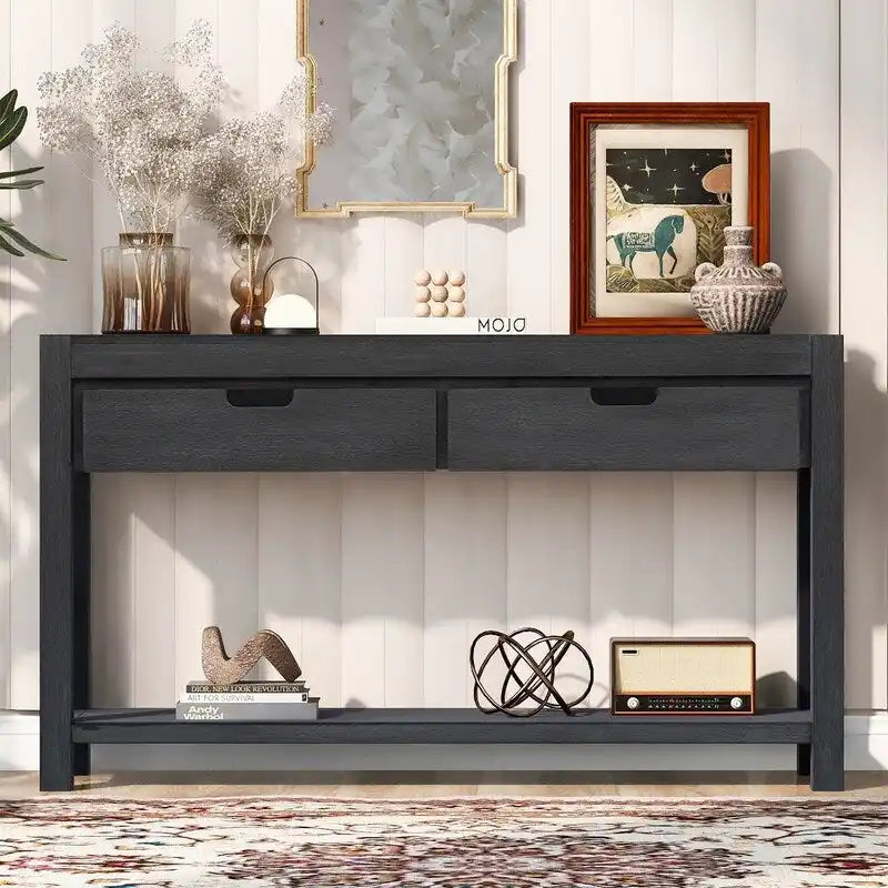 Console en placage de bois d'acacia avec 2 tiroirs et étagère inférieure, Bleu marine