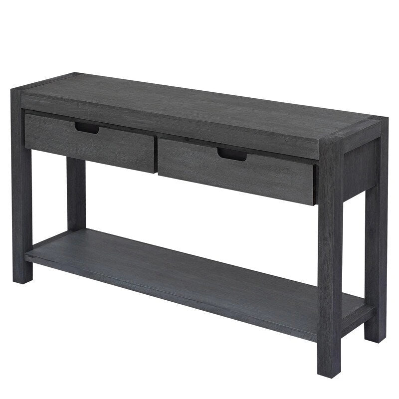 Console en placage de bois d'acacia avec 2 tiroirs et étagère inférieure, Bleu marine