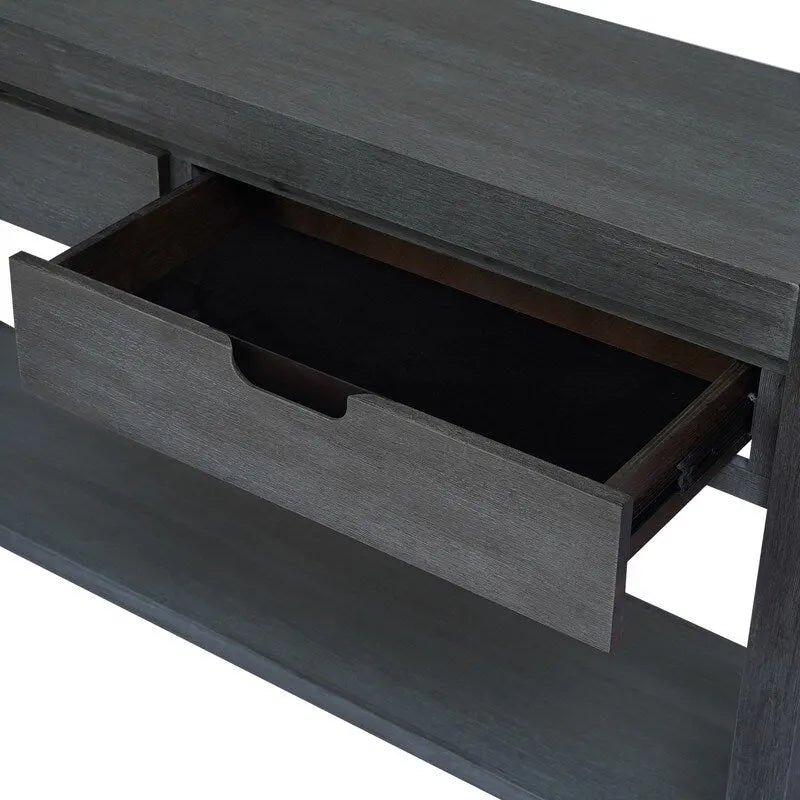 Console en placage de bois d'acacia avec 2 tiroirs et étagère inférieure, Bleu marine