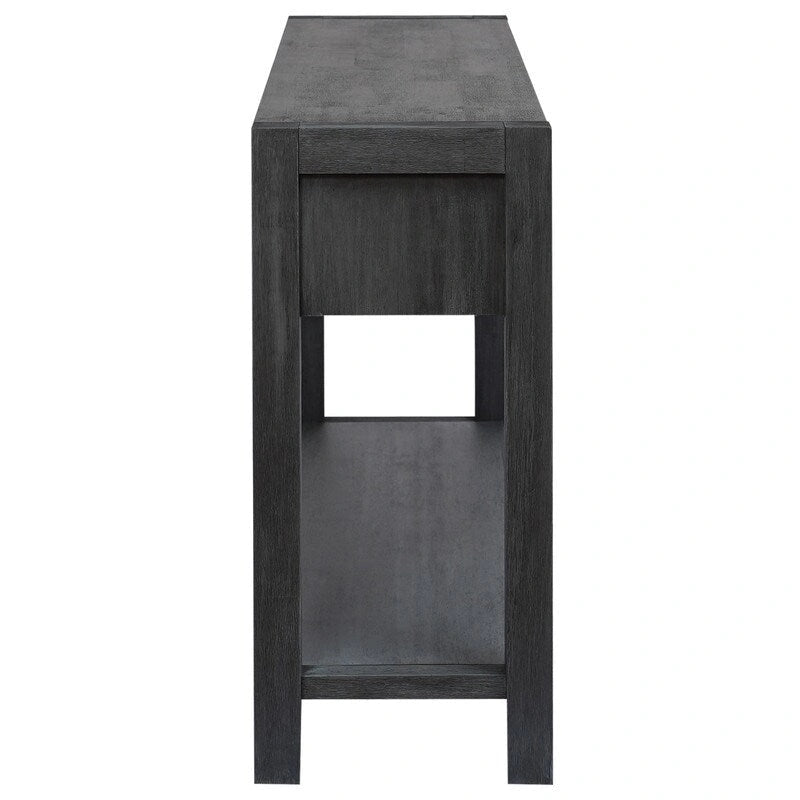 Console en placage de bois d'acacia avec 2 tiroirs et étagère inférieure, Bleu marine