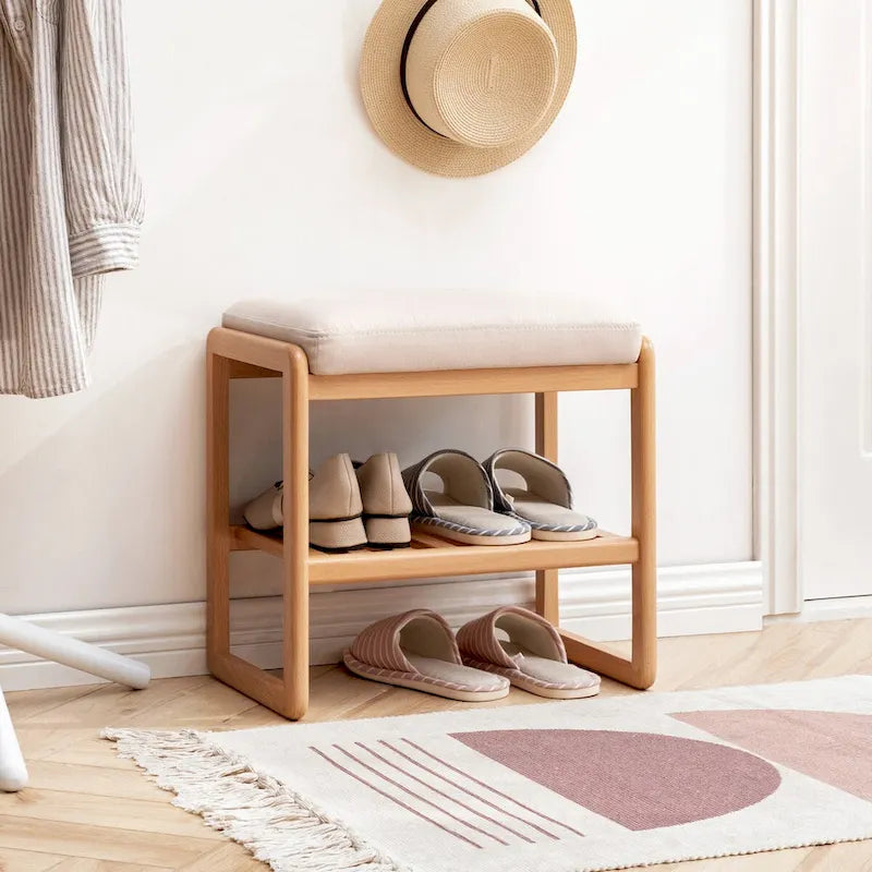 Banc à chaussures en bois de hêtre naturel avec deux étagères et coussin éponge pour entrée