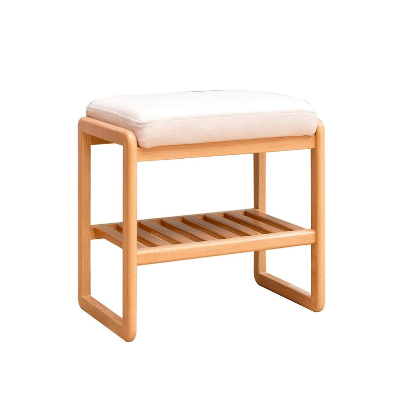 Banc à chaussures en bois de hêtre naturel avec deux étagères et coussin éponge pour entrée