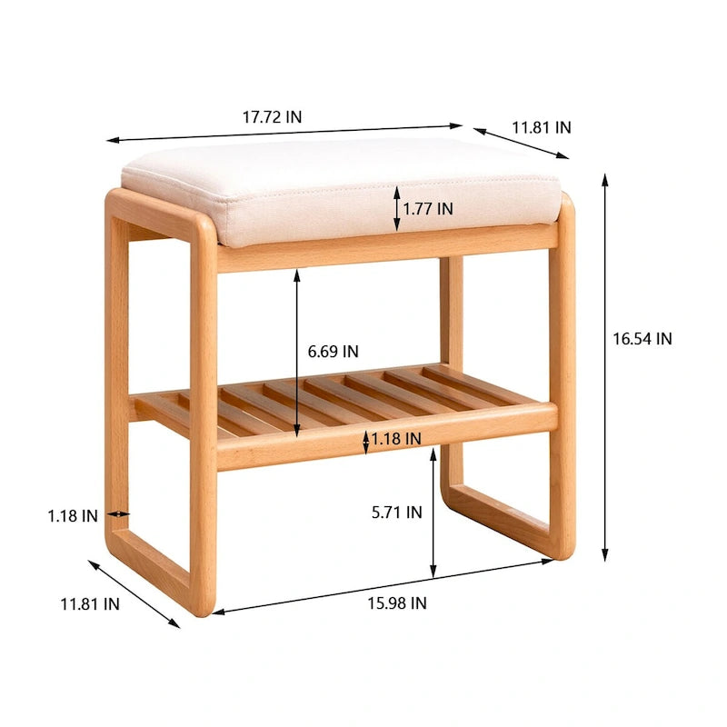 Banc à chaussures en bois de hêtre naturel avec deux étagères et coussin éponge pour entrée