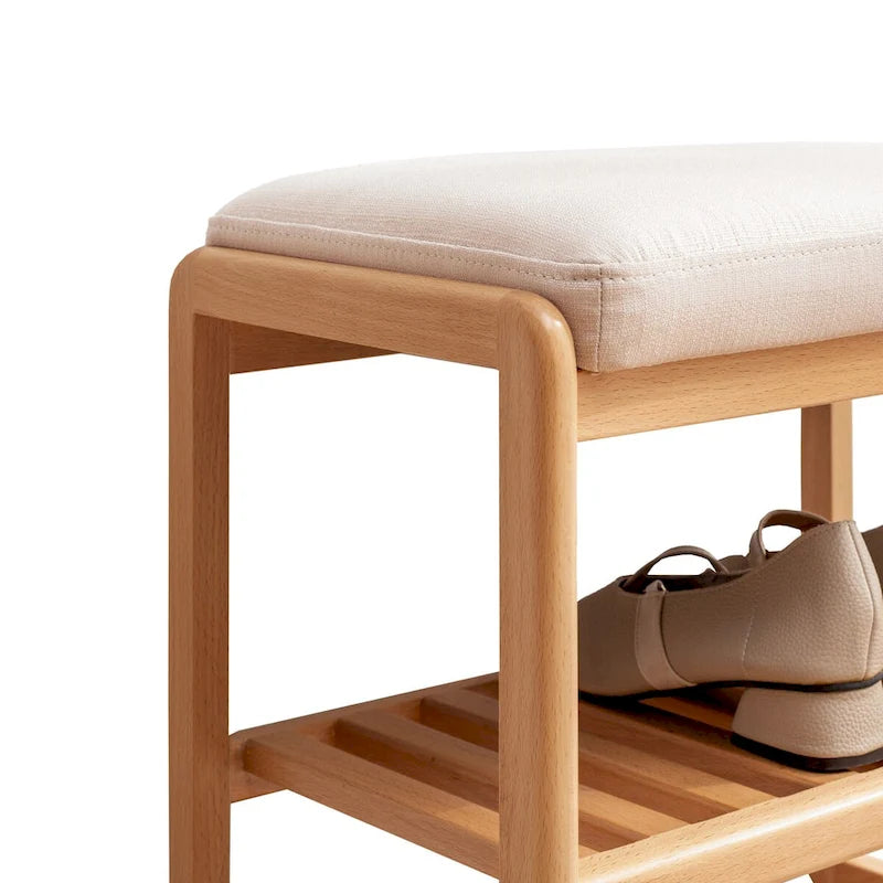 Banc à chaussures en bois de hêtre naturel avec deux étagères et coussin éponge pour entrée
