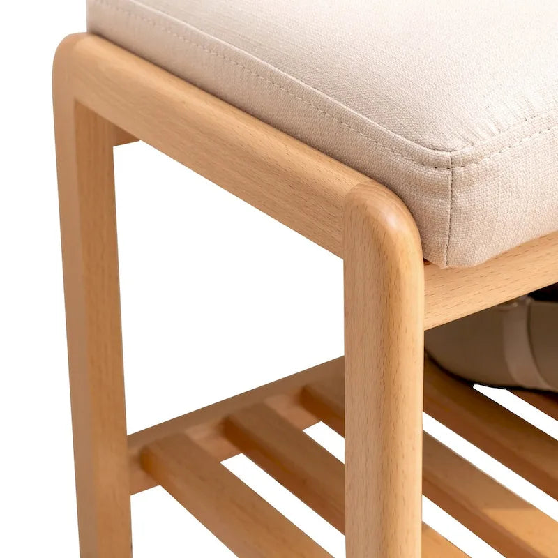 Banc à chaussures en bois de hêtre naturel avec deux étagères et coussin éponge pour entrée