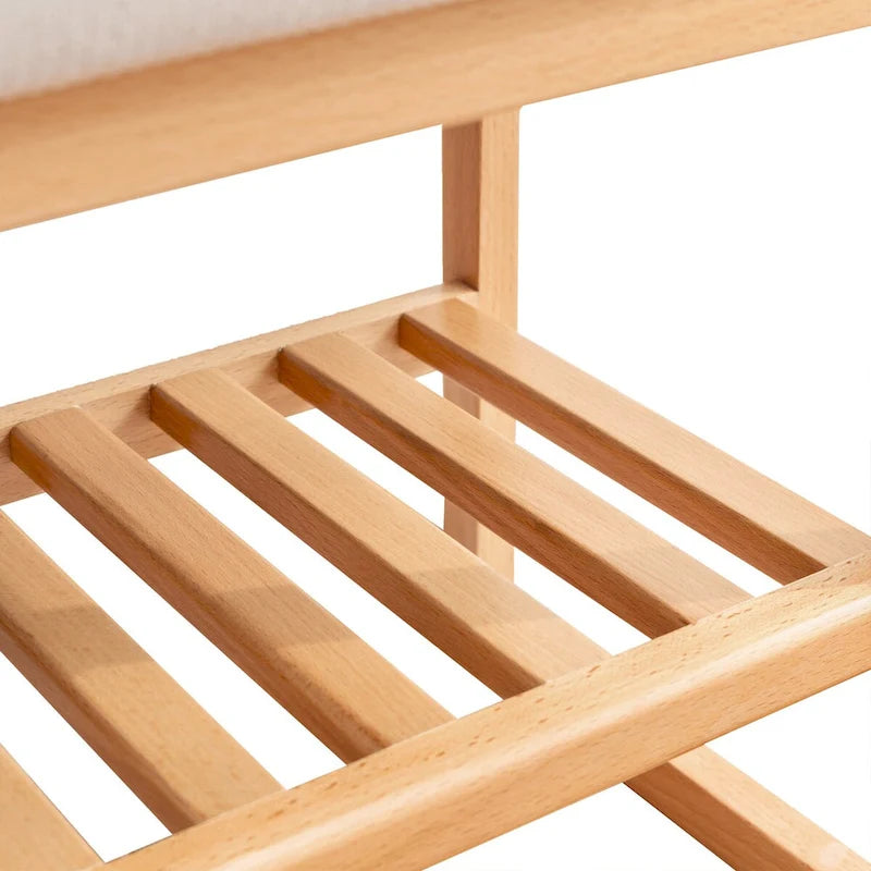 Banc à chaussures en bois de hêtre naturel avec deux étagères et coussin éponge pour entrée