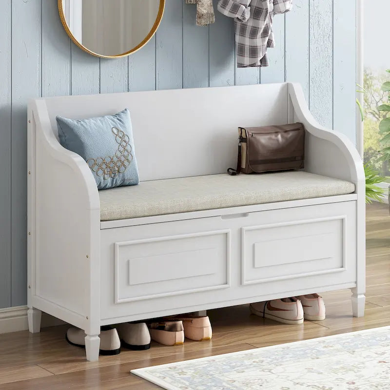 Banc de rangement rustique blanc pour entrée, siège capitonné, charnière de sécurité, rangement dissimulé