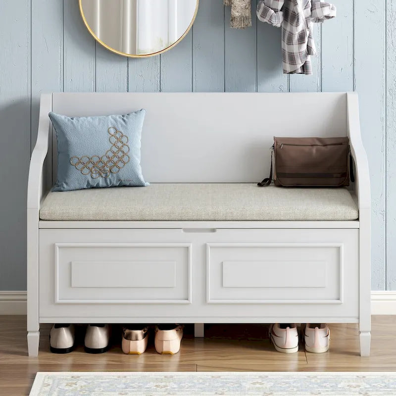 Banc de rangement rustique blanc pour entrée, siège capitonné, charnière de sécurité, rangement dissimulé