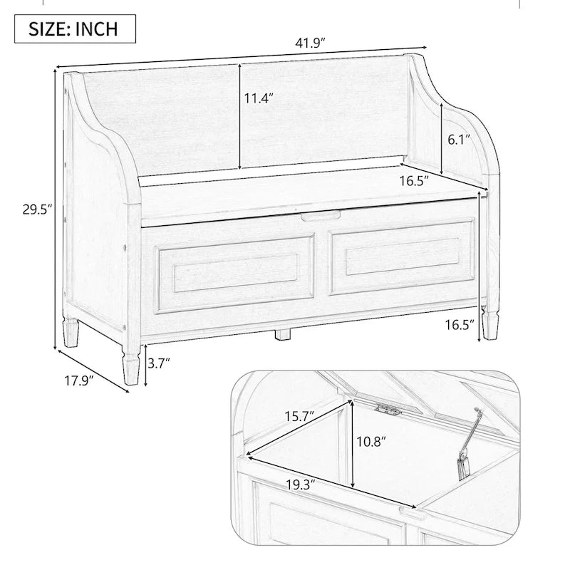 Banc de rangement rustique blanc pour entrée, siège capitonné, charnière de sécurité, rangement dissimulé