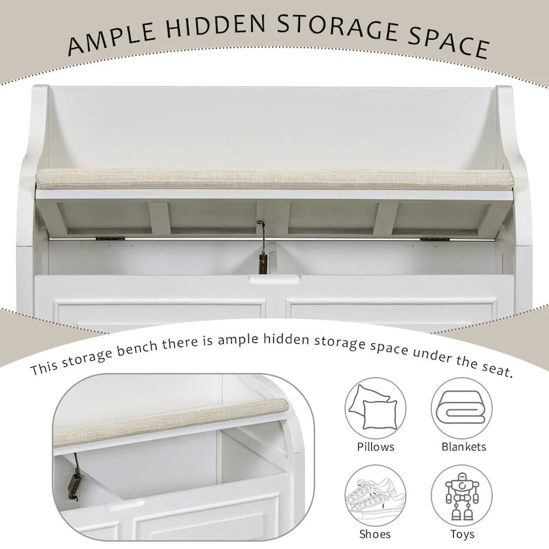 Banc de rangement rustique blanc pour entrée, siège capitonné, charnière de sécurité, rangement dissimulé