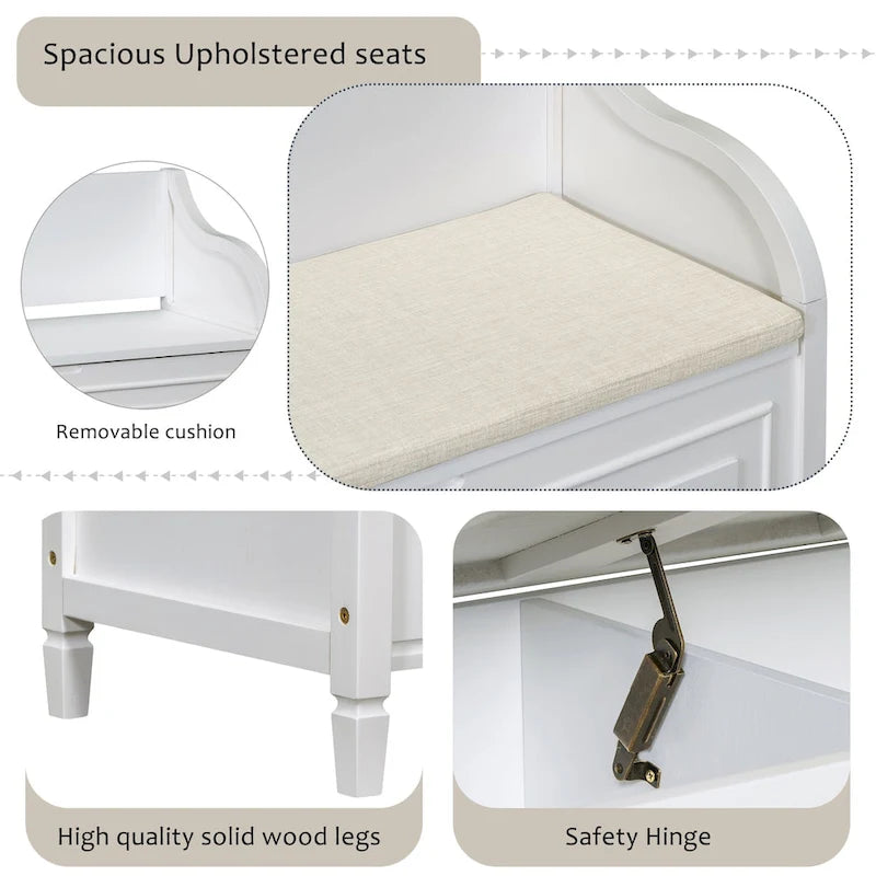 Banc de rangement rustique blanc pour entrée, siège capitonné, charnière de sécurité, rangement dissimulé