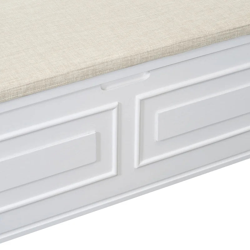 Banc de rangement rustique blanc pour entrée, siège capitonné, charnière de sécurité, rangement dissimulé