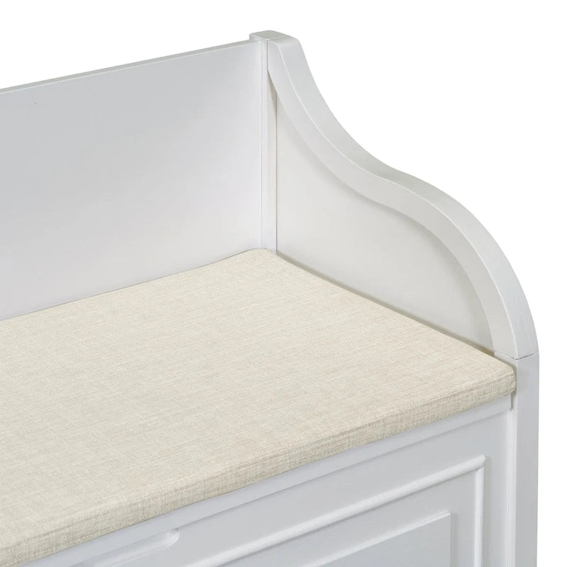 Banc de rangement rustique blanc pour entrée, siège capitonné, charnière de sécurité, rangement dissimulé