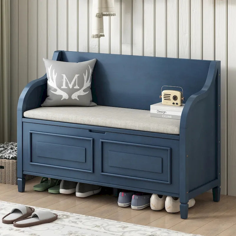 Banc de rangement rustique blanc pour entrée, siège capitonné, charnière de sécurité, rangement dissimulé