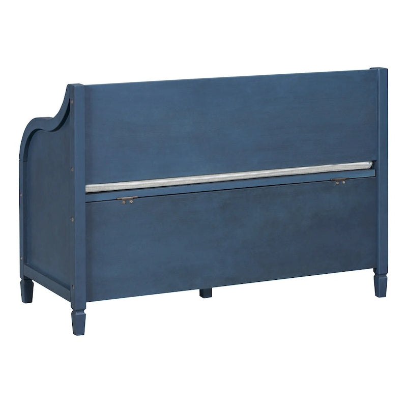 Banc de rangement rustique blanc pour entrée, siège capitonné, charnière de sécurité, rangement dissimulé