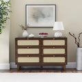 Commode à six tiroirs en noyer naturel, panneaux en rotin, poignées dorées, pieds coniques, MDF et bois massif