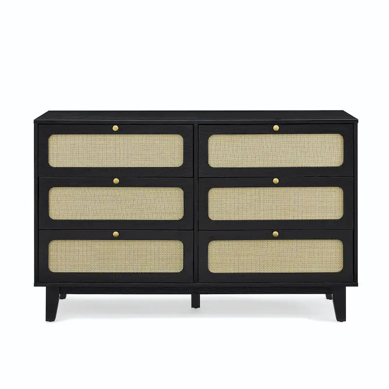 Commode à six tiroirs en noyer naturel, panneaux en rotin, poignées dorées, pieds coniques, MDF et bois massif
