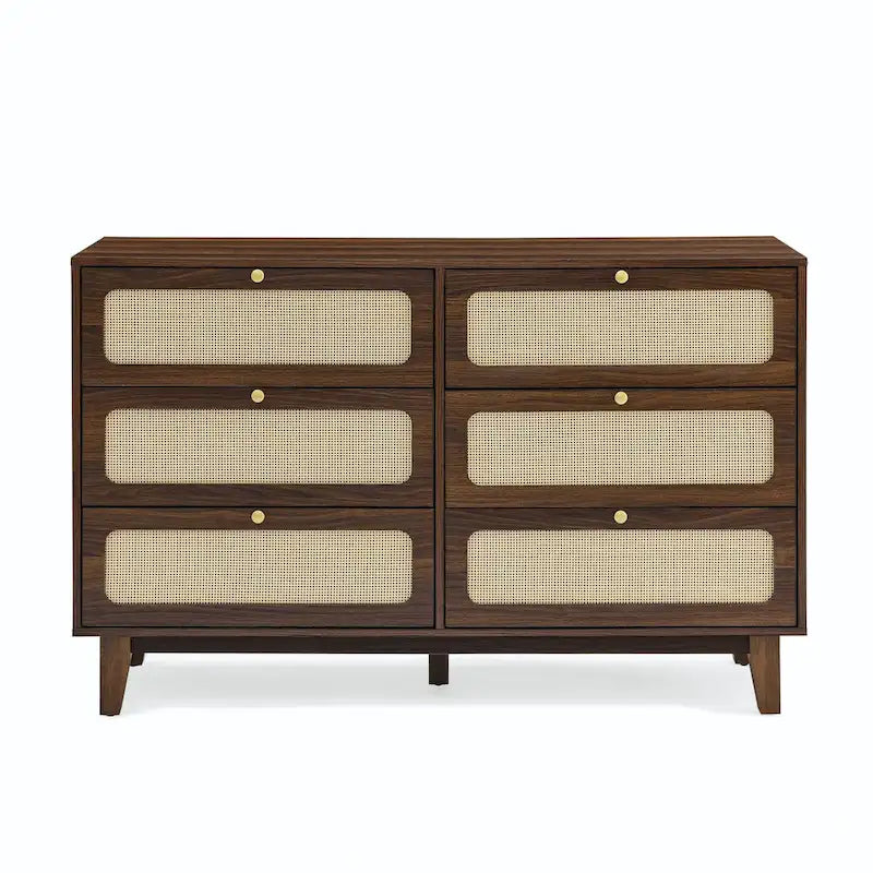 Commode à six tiroirs en noyer naturel, panneaux en rotin, poignées dorées, pieds coniques, MDF et bois massif