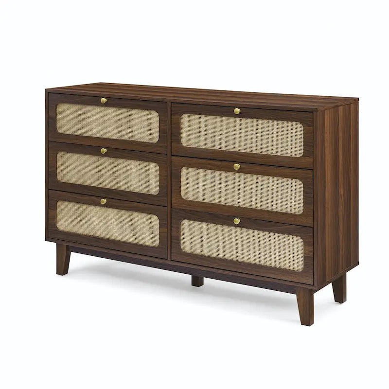 Commode à six tiroirs en noyer naturel, panneaux en rotin, poignées dorées, pieds coniques, MDF et bois massif