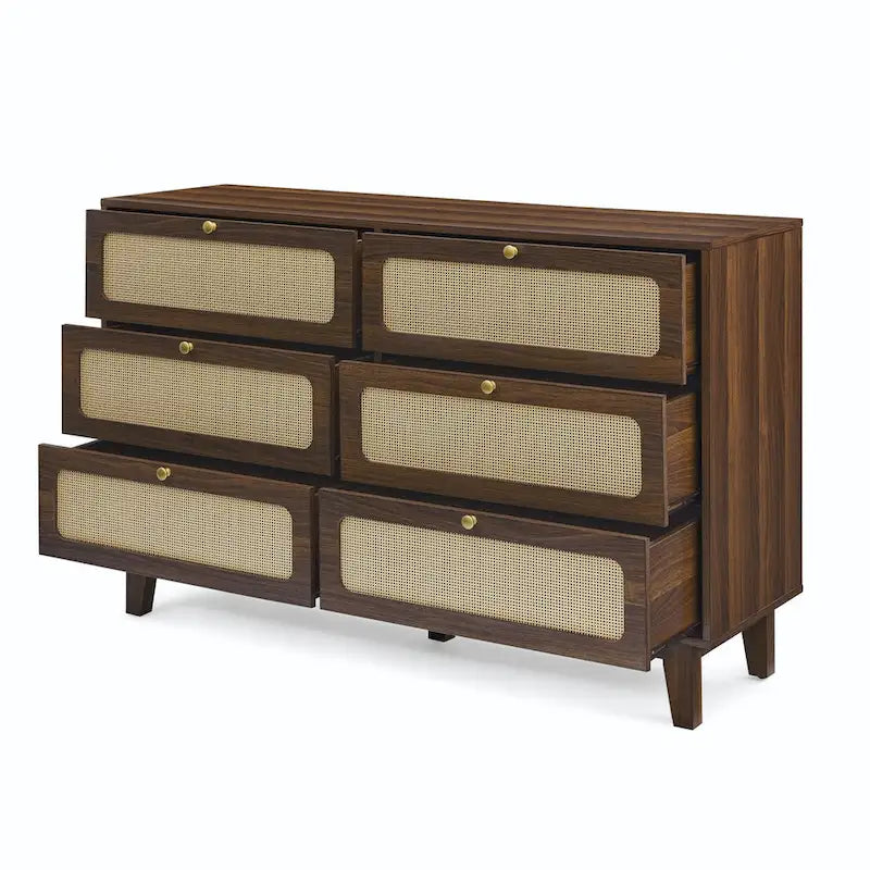 Commode à six tiroirs en noyer naturel, panneaux en rotin, poignées dorées, pieds coniques, MDF et bois massif