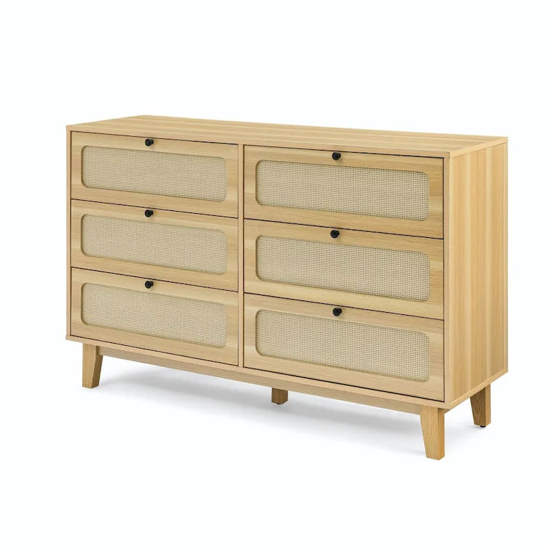 Commode à six tiroirs en noyer naturel, panneaux en rotin, poignées dorées, pieds coniques, MDF et bois massif