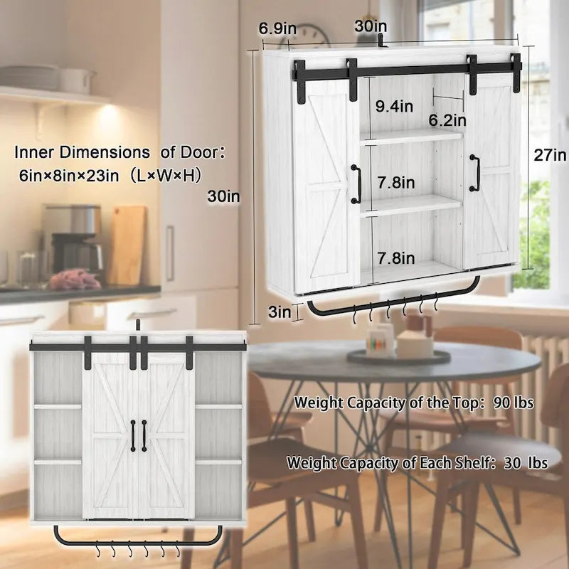 Armoire murale de style ferme blanche avec deux portes coulissantes, étagères réglables, barre de crochets