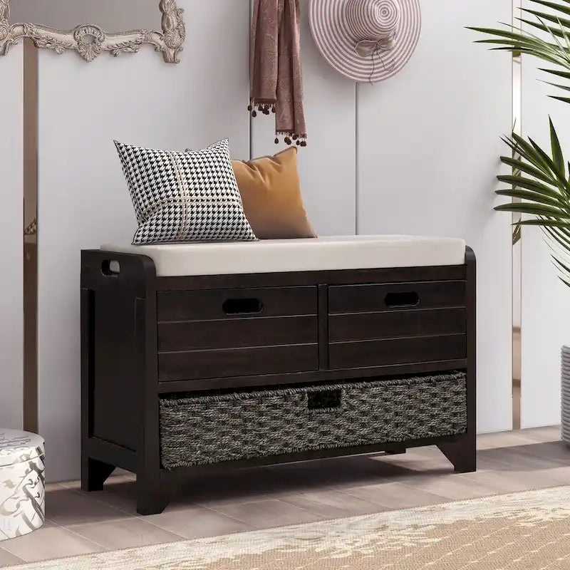 Banc de rangement rustique deux tiroirs Panier en osier amovible Siège rembourré Bois d'acacia