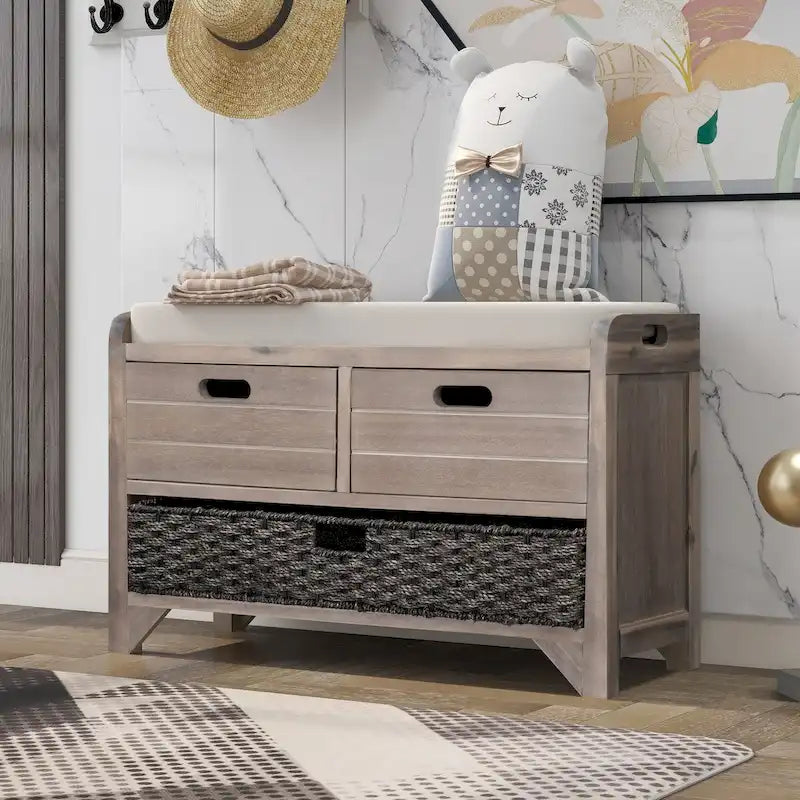 Banc de rangement rustique deux tiroirs Panier en osier amovible Siège rembourré Bois d'acacia