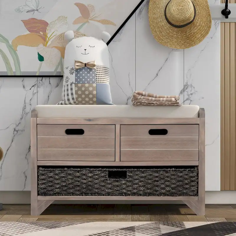 Banc de rangement rustique deux tiroirs Panier en osier amovible Siège rembourré Bois d'acacia