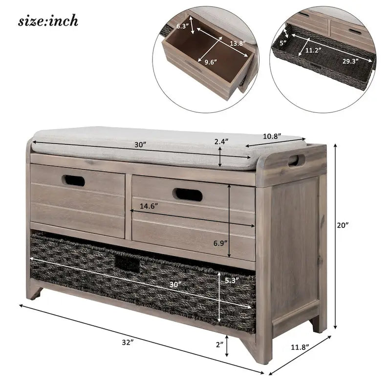 Banc de rangement rustique deux tiroirs Panier en osier amovible Siège rembourré Bois d'acacia