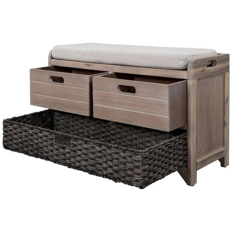 Banc de rangement rustique deux tiroirs Panier en osier amovible Siège rembourré Bois d'acacia