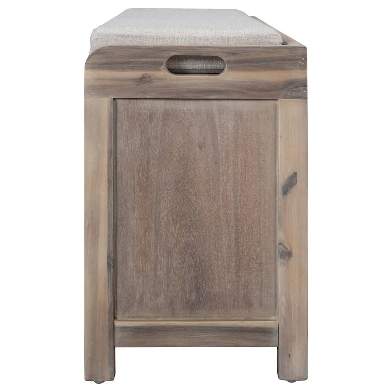 Banc de rangement rustique deux tiroirs Panier en osier amovible Siège rembourré Bois d'acacia