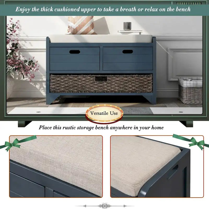 Banc de rangement rustique deux tiroirs Panier en osier amovible Siège rembourré Bois d'acacia
