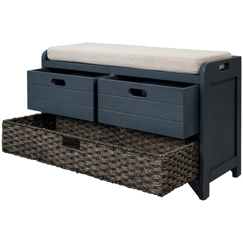 Banc de rangement rustique deux tiroirs Panier en osier amovible Siège rembourré Bois d'acacia
