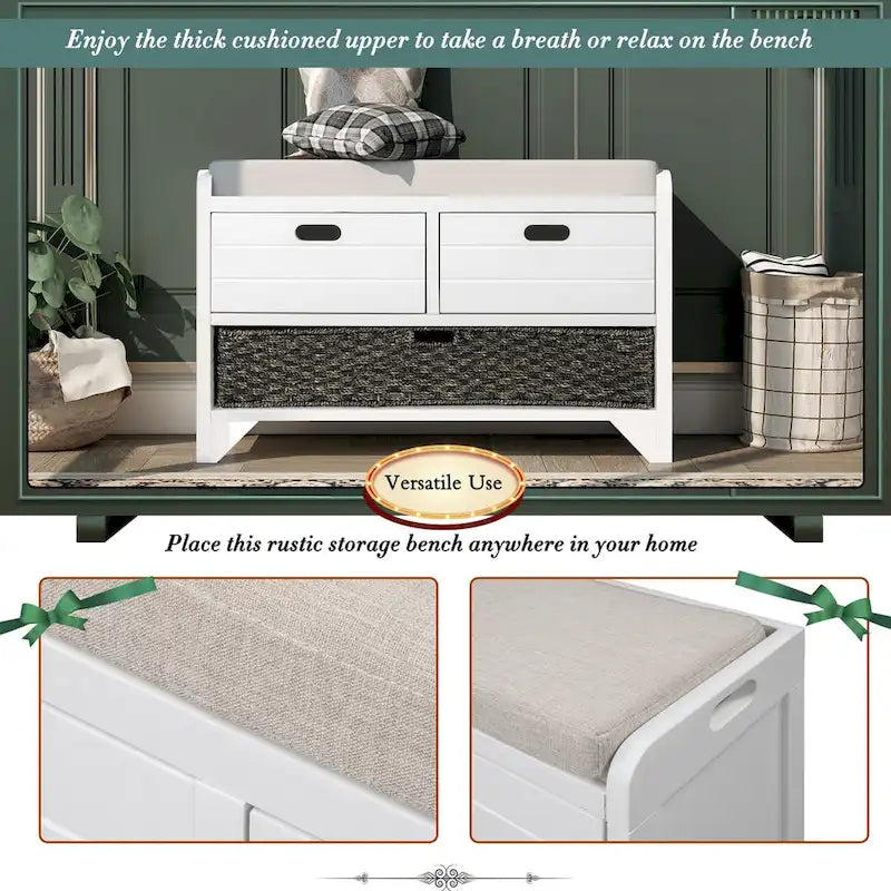 Banc de rangement rustique deux tiroirs Panier en osier amovible Siège rembourré Bois d'acacia