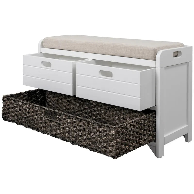 Banc de rangement rustique deux tiroirs Panier en osier amovible Siège rembourré Bois d'acacia